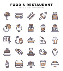 Set of Food and Restaurant Icons. Simple Two Color art style icons pack.