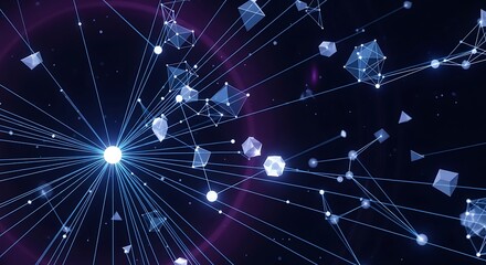 Obraz premium Abstract visualization of a futuristic digital network with glowing nodes and geometric shapes radiating from a central light core.
