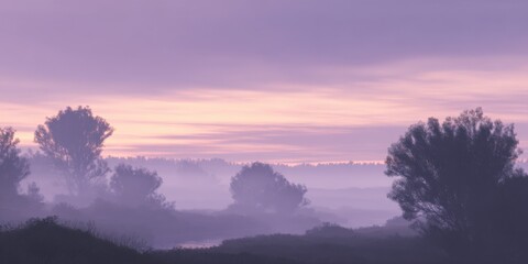Dreamy Landscape with Foggy Trees and Soft Pastel Sky, Atmospheric Nature Scene