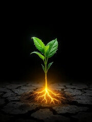Thriving Sapling of Hope: A vibrant sapling bursts forth from barren soil, its roots glowing with an inner light, symbolizing growth, resilience, and the potential of new beginnings.
