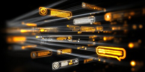 Abstract Digital Communication: Floating Speech Bubbles and Data Stream in Cyber Network on Dark Background