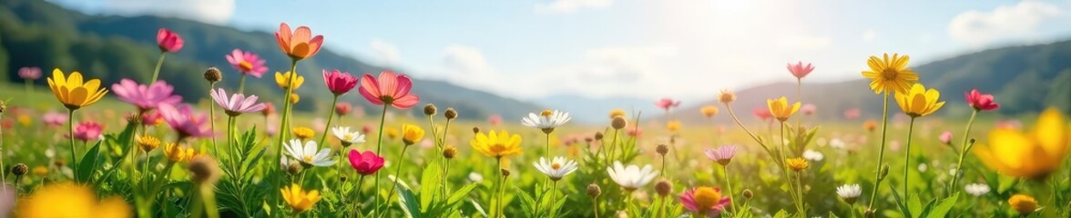 Fototapeta premium Vibrant Wildflowers Blooming in a Lush Spring Meadow, bathed in Sunlight, a Picturesque Scene of Early Spring Renewal and Botany.