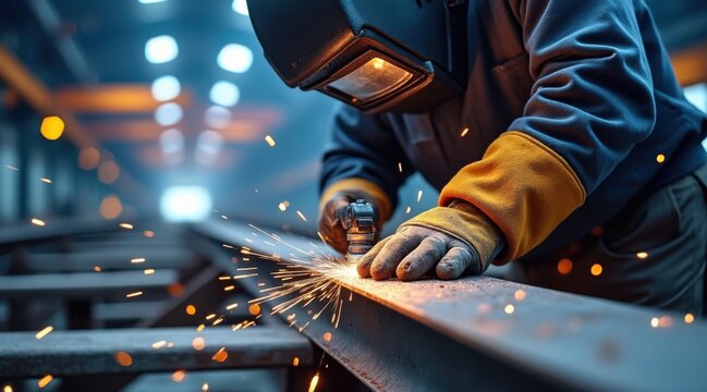Skilled welder crafts metal with precision and sparks flying
