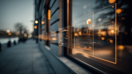 Digital Interface Overlay on Building Window Displaying Financial Data and Charts, Reflecting Urban Landscape and Evening Light