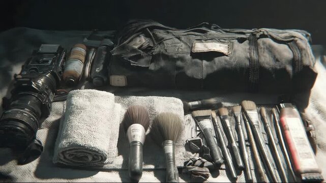 Makeup artist tools and camera arranged on table with towels  
