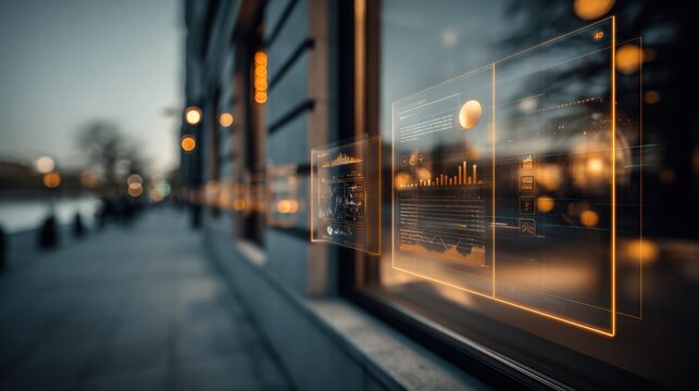 Digital Interface Overlay on Building Window Displaying Financial Data and Charts, Reflecting Urban Landscape and Evening Light - Powered by Adobe