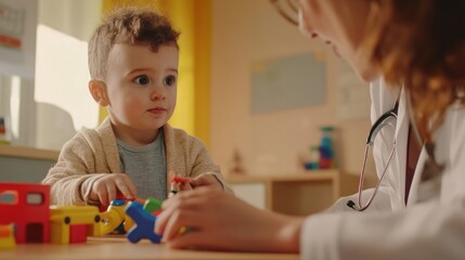 Young patient playing with toys during a checkup at pediatrician's office
