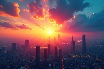Fototapeta premium Vibrant Sunrise Cityscape Growth, Opportunity, and a Prosperous Future