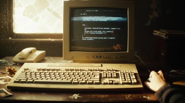 Retro Coding: Vintage Computer, Programming, and Nostalgic Tech in a Dusty, Atmospheric Scene