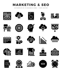Collection of Marketing & SEO 25 Glyph Icons Pack.