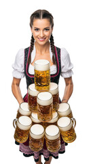 PNG cut out isolated background. A high-angle portrait of a strong and beautiful young waitress wearing a traditional Bavarian dirndl dress, holding a large cluster of glass mugs full of beer.