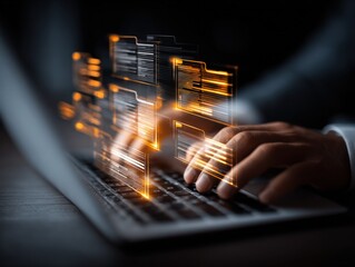 Data Management System: Person Using Laptop with Digital Folders and Information Overlay
