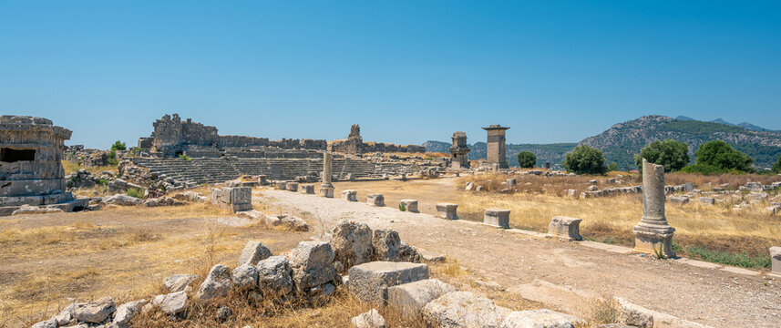 Fethiye, Turkey - July 9, 2025: The ancient city of Xanthos, located in the Kas district of Antalya. The tomb monument and ruins of the ancient city of Xanthos - Letoon