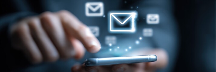 Hand Holding Mobile Phone Displaying Email Icons, Representing Digital Communication and Connectivity Concepts