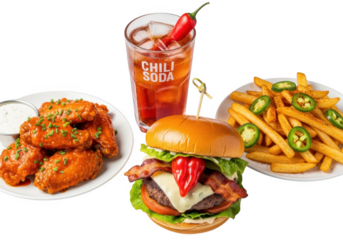 Spicy burger meal with wings and loaded fries isolated on transparent background