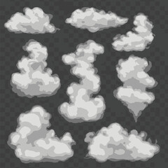 Vector collection of stylized cartoon smoke clouds and steam puff shapes. Fog and vapor effect illustrations set.
