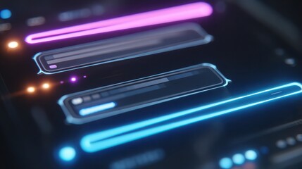 Abstract glowing bars with progress indicators in pink and blue on a dark surface close up
