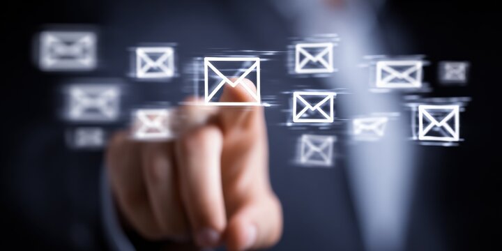 Digital communication concept: Person touching virtual email icons for marketing, technology and business