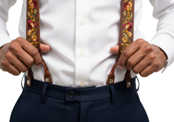 PNG cut out isolated background. A close-up shot of a man of color's torso, showcasing his stylish attire. His hands hold detailed leather suspenders featuring intricate floral embroidery. 