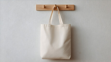 A tote bag hangs on a wooden rack against a white wall