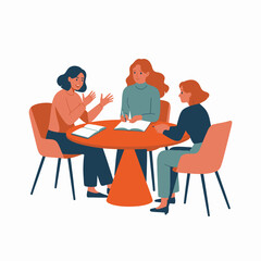 This vibrant illustration features three women in a casual setting, actively discussing and brainstorming ideas around a circular table, emphasizing teamwork and creativity.