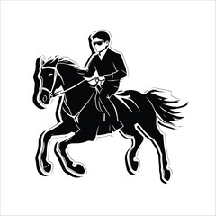 Obraz premium A black and white illustration of a person wearing sunglasses riding a horse at a fast pace design