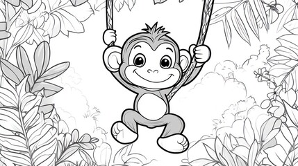Fototapeta premium Enchanting Jungle Adventure, A playful monkey on a swing coloring page