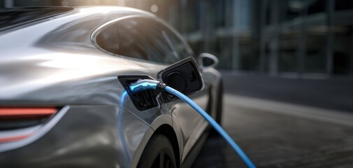Fototapeta premium The electric vehicle charging in an urban setting showcasing modern technology.