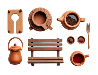 Miniature clay tea set with bench and cups isolated on a transparent background terracotta coffee