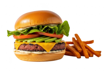 Delicious veggie burger with sweet potato fries isolated on transparent background