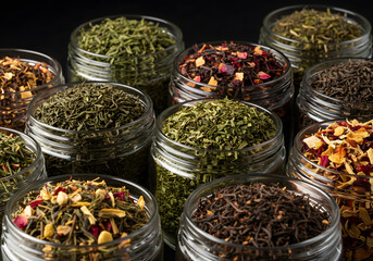 Fototapeta premium Assortment of dried tea leaves displayed in glass jars