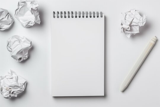 Flat lay of crumpled paper balls beside fresh blank notebook page, clean white background, concept of retrying and overcoming failure. - Powered by Adobe