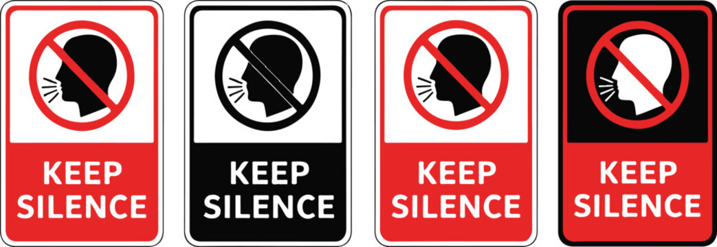 Keep Silence signs with head in crossed circle on white