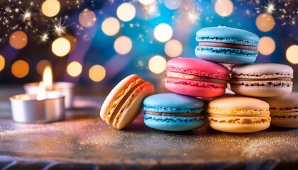 festive bastille day celebration with colorful macarons on table surrounded by sparkling lights and copy space