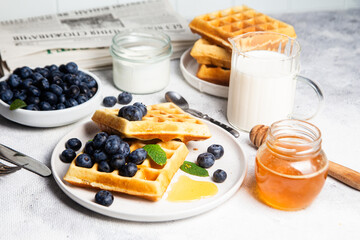Waffles with blueberries, ice cream, and honey on a plate