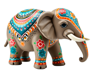 Ornate clay elephant with floral patterns isolated on a transparent background figurine decorative