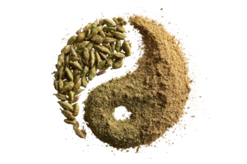 Yin and yang symbol, composed of cardamom seeds and a spice powder