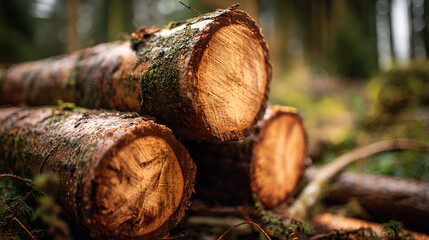 Logs stacked with moss detail showing circular cut ends outdoor setting