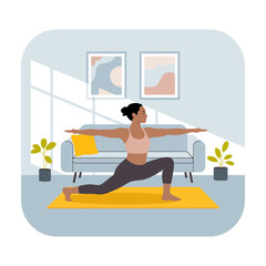 Fototapeta premium In a chic living space, a woman performs a powerful yoga pose, symbolizing strength, focus, and a deep connection to her environment, enhanced by stylish decor and natural light.