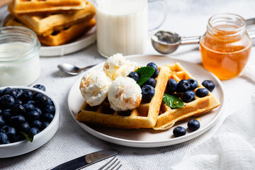 Waffles with blueberries, ice cream, and honey on a plate