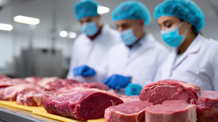Raw beef meat yellow cutting board with three food inspectors wearing white coat, blue gloves, hairnet and face mask checking