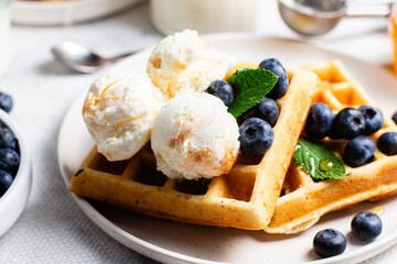 Waffles with blueberries, ice cream, and honey on a plate
