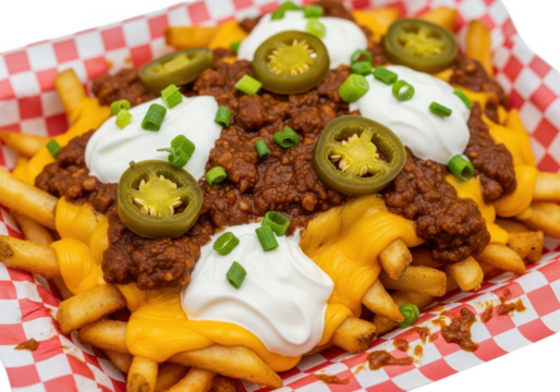 Delicious chili cheese fries with jalapenos and sour cream isolated on transparent background