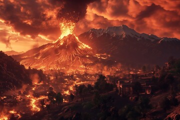 Massive Volcano Eruption with Flowing Lava and Ash Clouds Engulfing Surrounding Tropical Landscape and Forest Fire Under Dramatic Sunset Sky Showing Raw Power of Nature and Geological Disaster