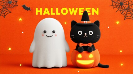 Halloween: Black cat in pumpkin, ghost, spiders, bat, and festive orange.