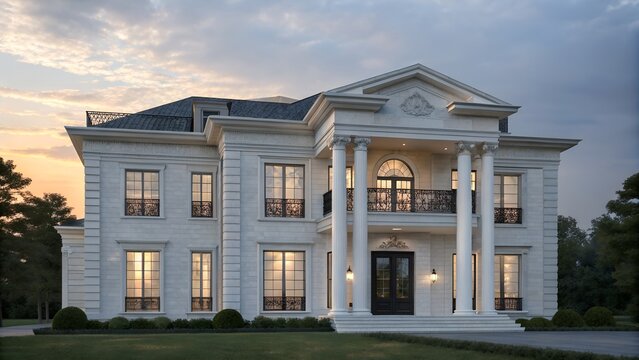 Grand neoclassical mansion with imposing columns and ornate facade