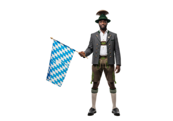 PNG cut out isolated background. A full-length portrait of a proud Black man wearing full, traditional Bavarian attire, including lederhosen and a hat, while holding the blue and white checkered flag 