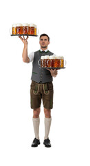 PNG cut out isolated background. A full-length portrait of a handsome young waiter wearing traditional Bavarian lederhosen with two trays loaded with large glass mugs of beer for Oktoberfest.