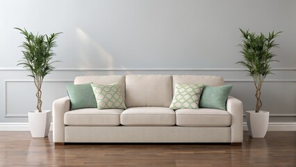 Comfortable cream sofa with decorative pillows and tall green plants