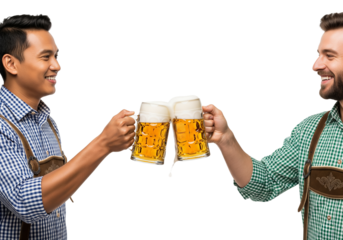 PNG cut out isolated background. Two happy and diverse friends, one Asian and one Caucasian, wearing traditional Bavarian lederhosen and toasting with large glass mugs of beer to celebrate Oktoberfest